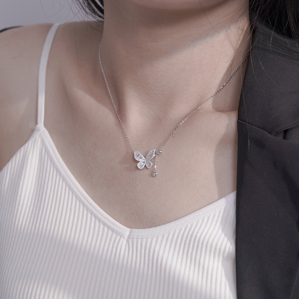 S925 Sterling Silver Zircon-Encrusted Butterfly Necklace
