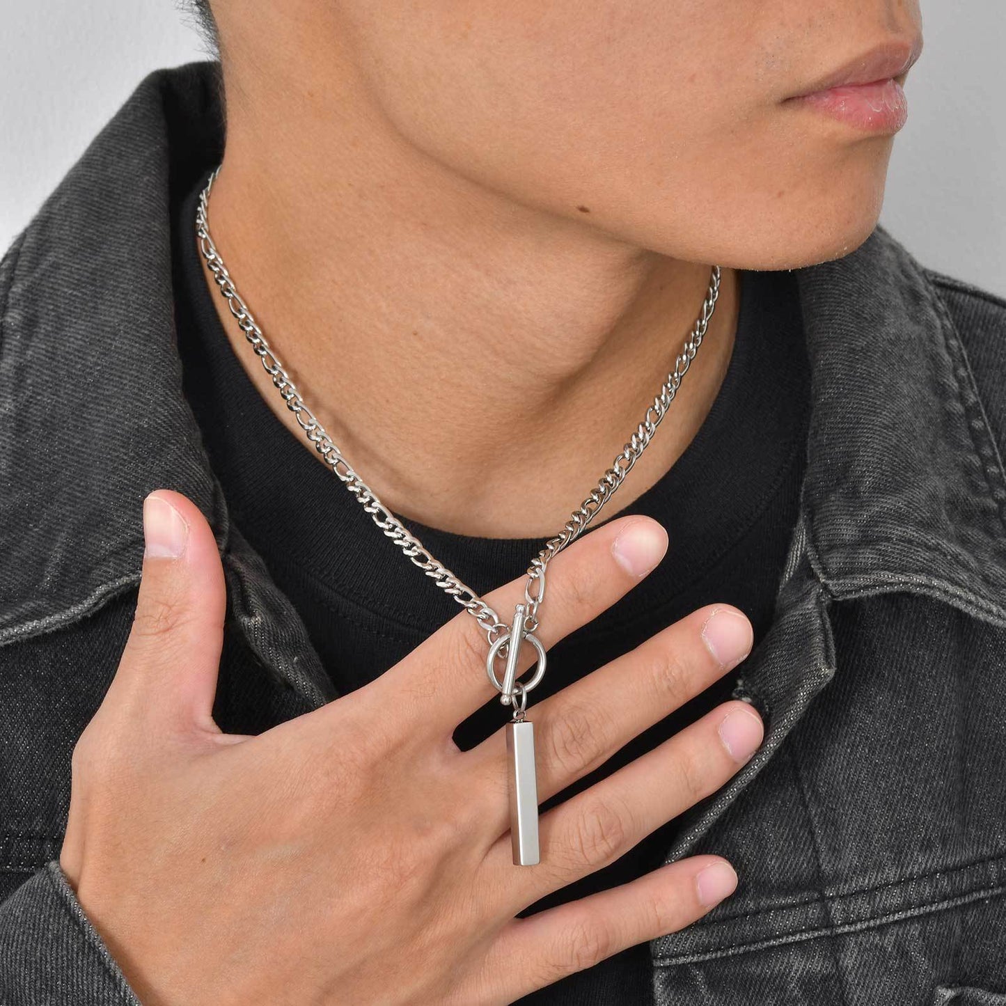 Stainless Steel Minimalist Street Style Chain Toggle Clasp Rectangular Strip Necklace Men