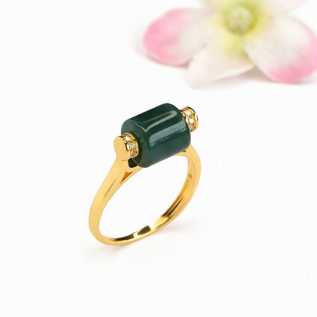 Blue-Water Jadeite Barrel Bead Ring