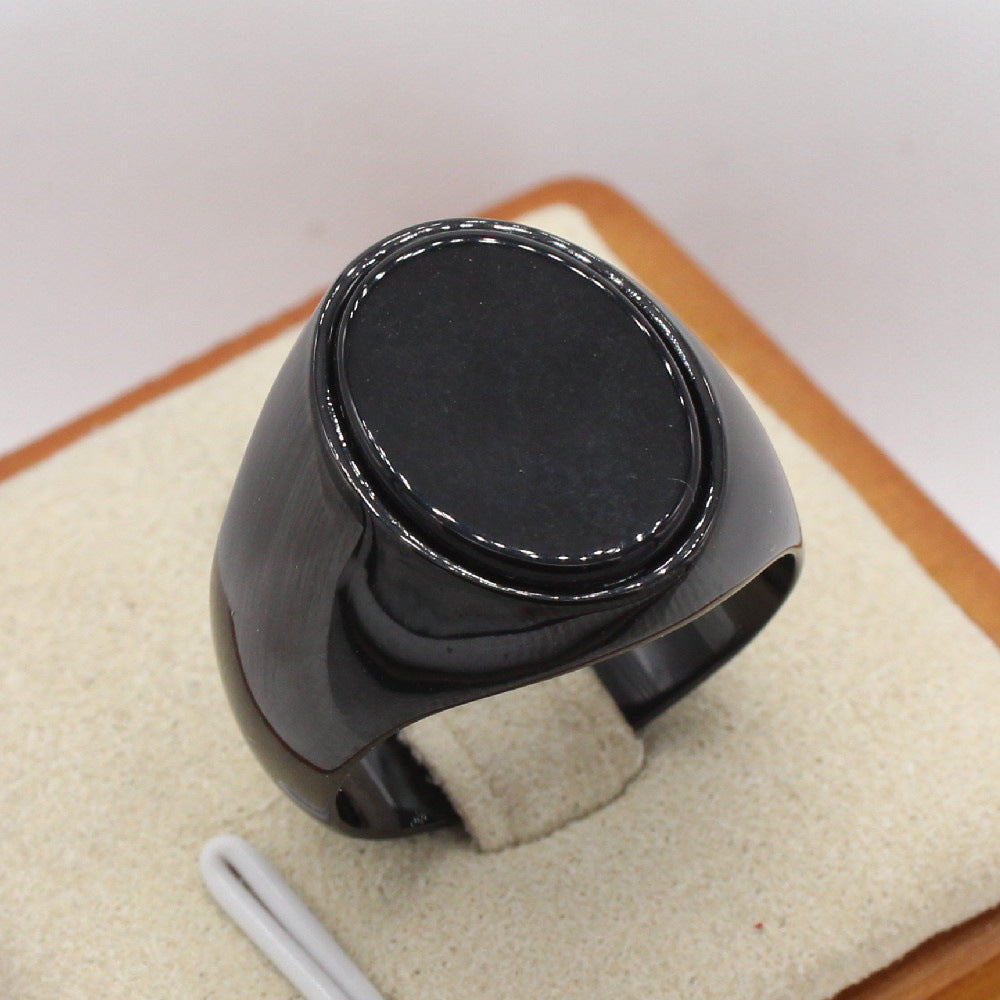 Planderful Titanium Steel Ring Oval Black Stone For Men Unisex Protection Statement