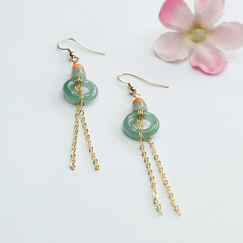 Blue-Green Jade Beaded Tassel Earhook Earrings
