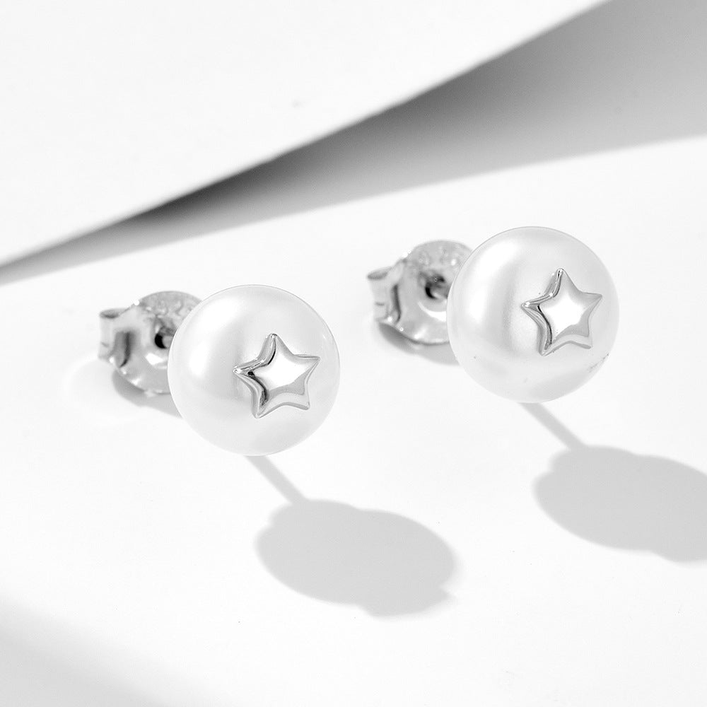 S925 Sterling Silver Pentagram Plug Flower Hat Natural Pearl Stud Earrings French Retro