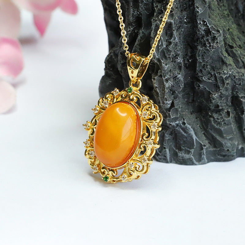 Golden Hollow Amber Pendant with Zircon Necklace crafted from Pigeon Egg Amber Surely a Treasure