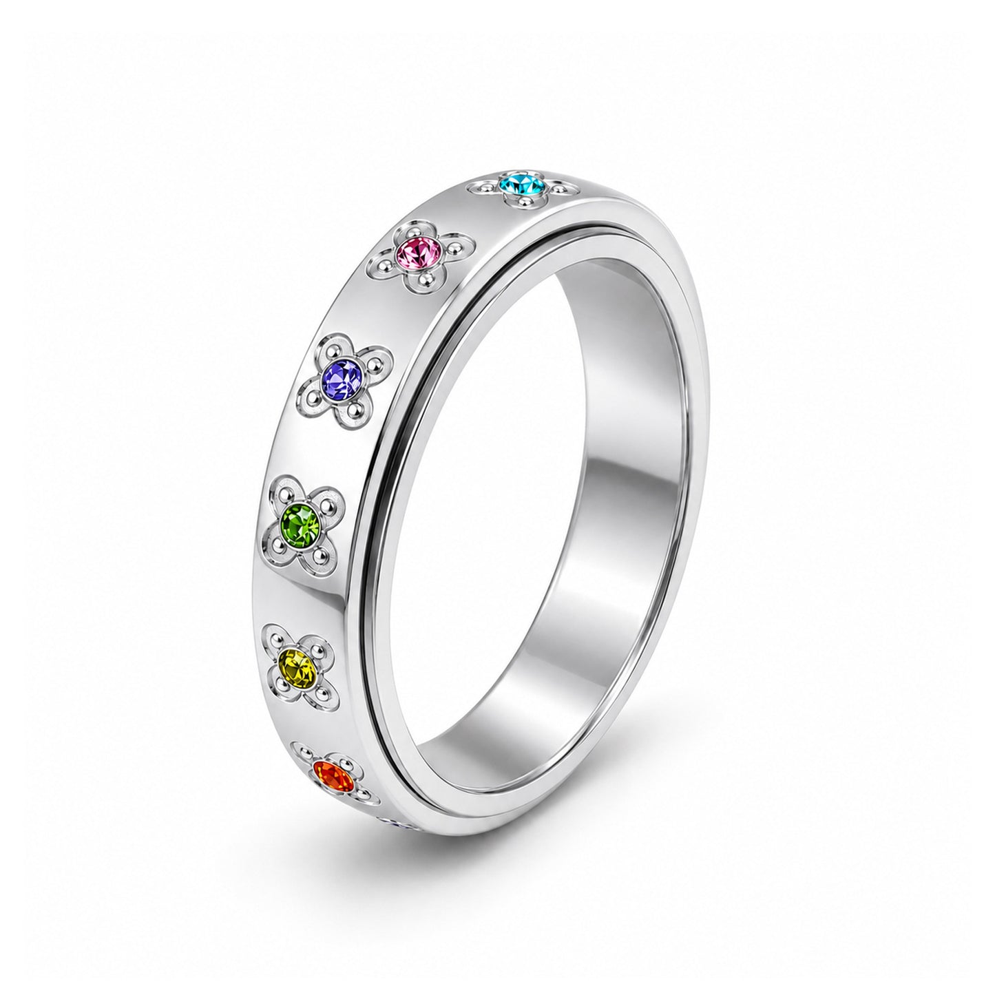Planderful Rotatable Decompression Ring Stainless Steel Zircon Flower For Couples Unisex