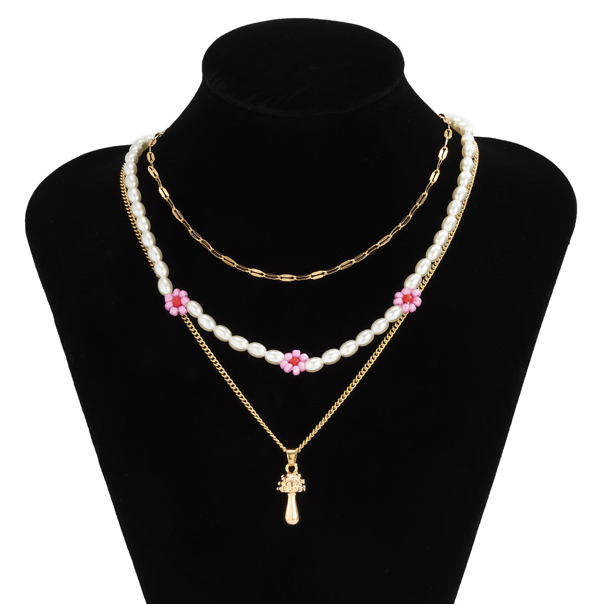 Planderful Mushroom Flower Necklace Multi Layer Pastoral Imitation Pearl For Women Elegant Statement Jewelry