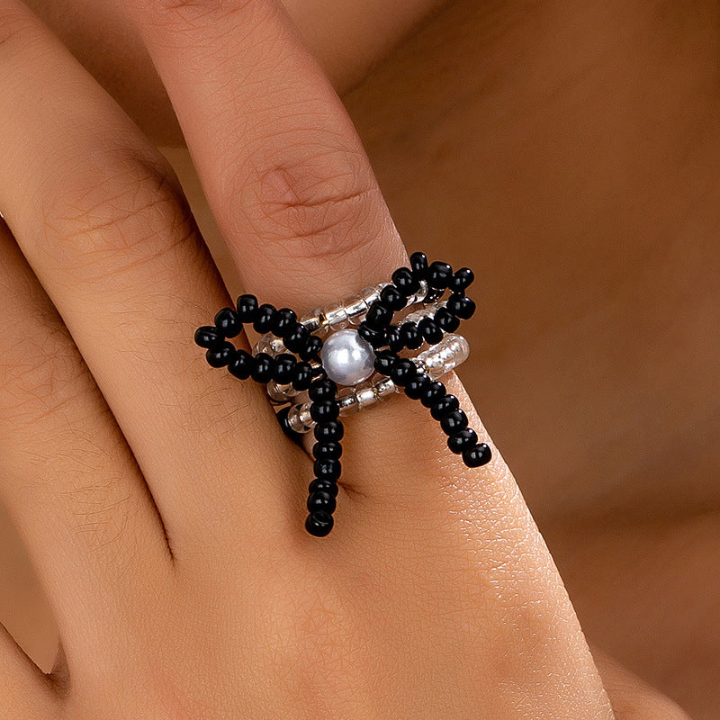 Exquisite Glass Bow Beaded Ring for Fashionable Women