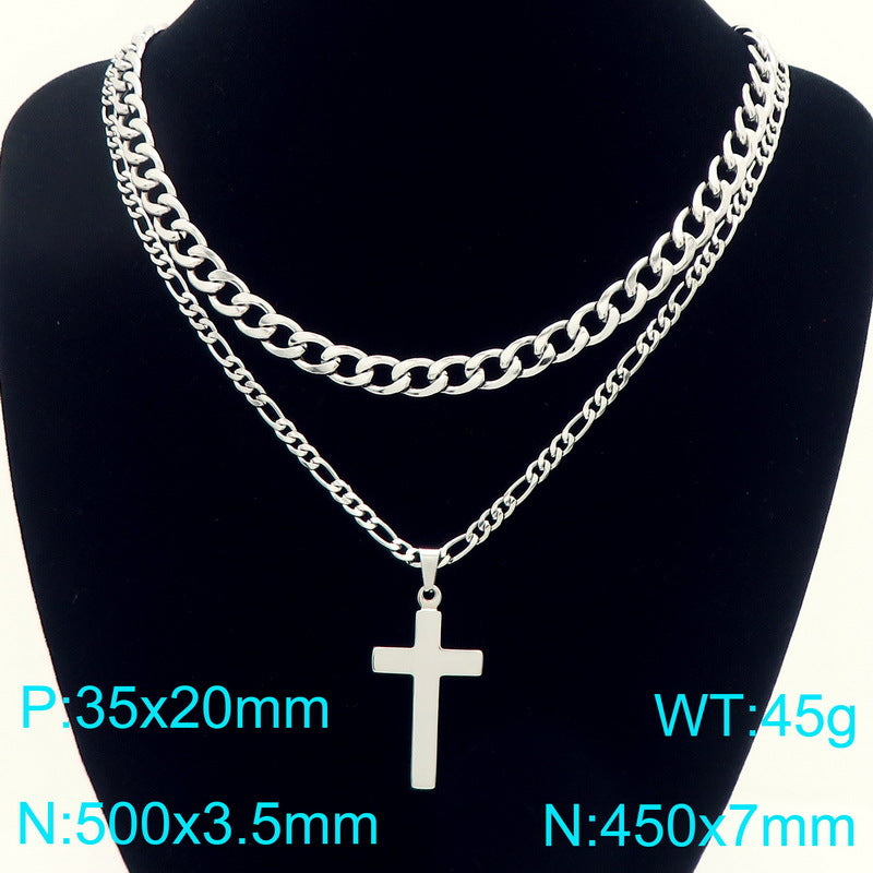 Retro Lettering Cross Necklace, And Nk Chain Double-Layer Stacked Stainless Steel Men's Necklace