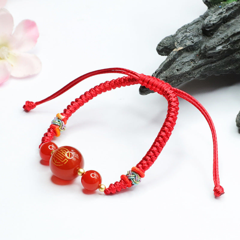Red Agate Sterling Silver Bracelet with Red Rope Detail