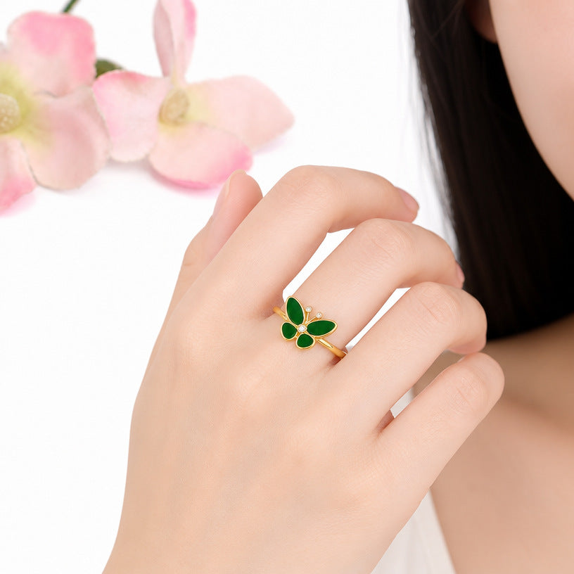 Green Jadeite Butterfly 925 Silver Ring