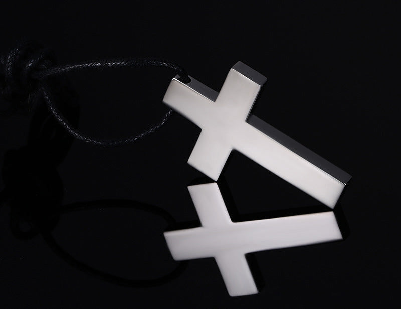 Wax Rope Neck Chain Cross Pendant Stainless Steel Necklace