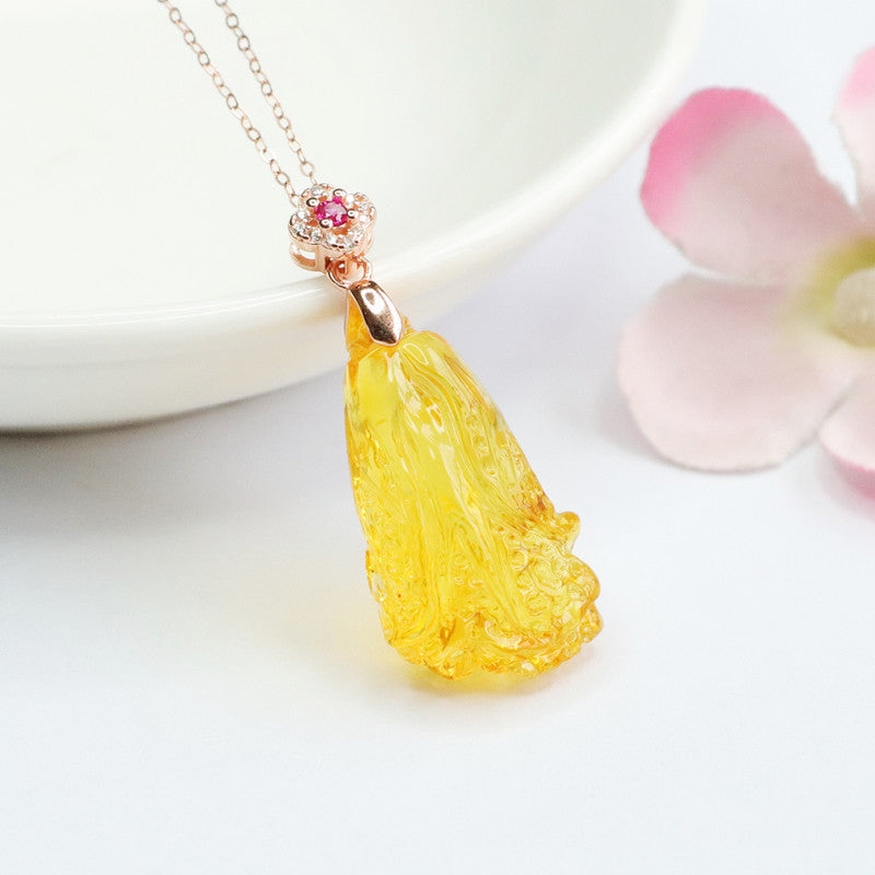 Sterling Silver Rose Gold Necklace with Beeswax Amber Pendant