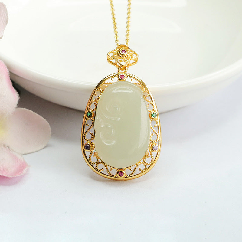 Jade Ruyi Necklace with Sterling Silver Pendant from Hotan