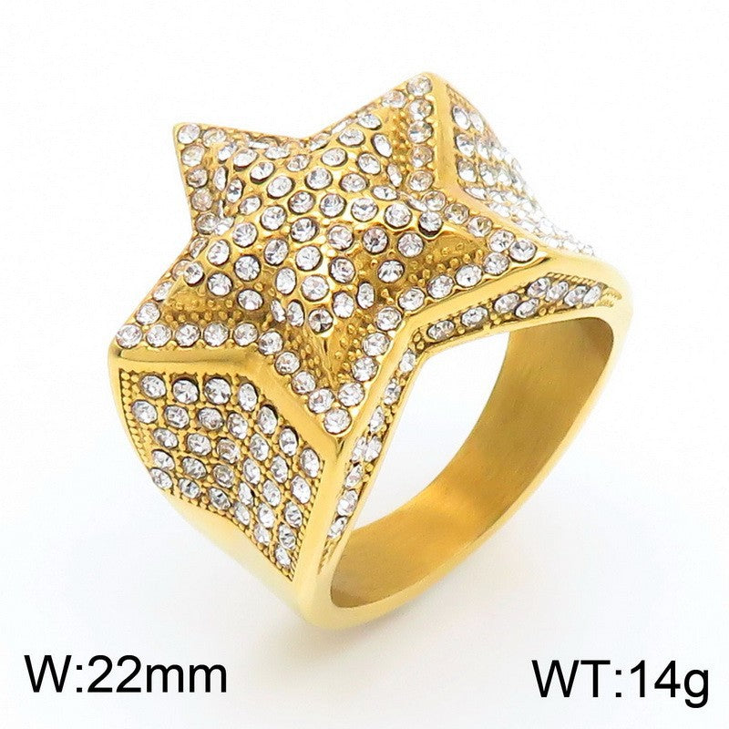 Luxury Zircon Star Ring, Hip-Hop Rock Full Of Zircon Three-Dimensional Five-Pointed Star Stainless