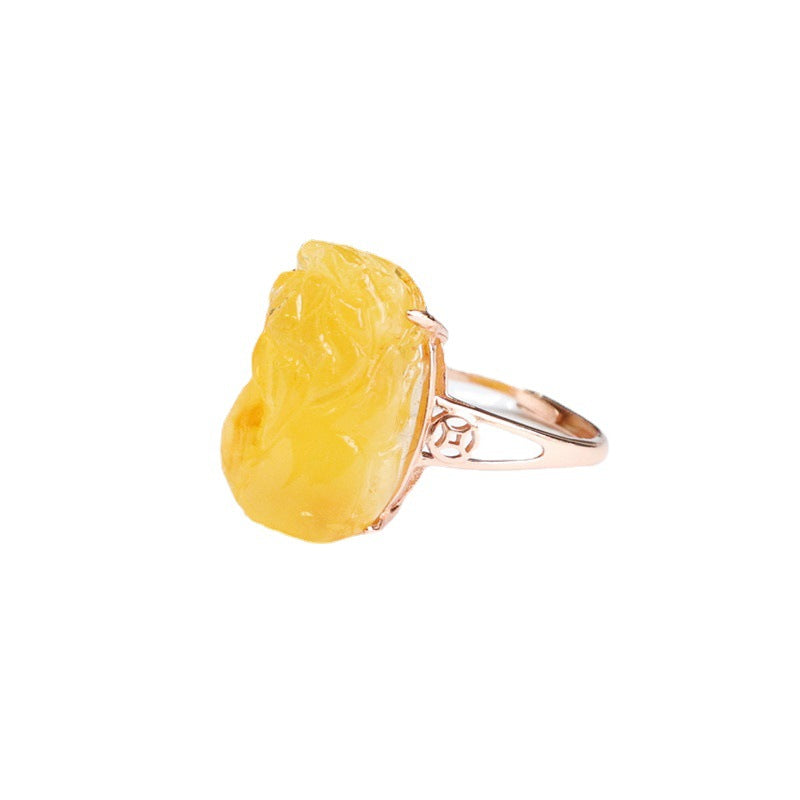 Sterling Silver Pixiu Ring with Genuine Beeswax Amber