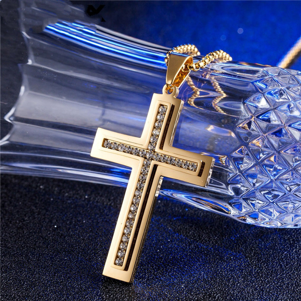 Planderful Zircon Inlaid Bold Double Layer Cross Pendant Necklace For Men Steel Hip Hop Everyday Wear