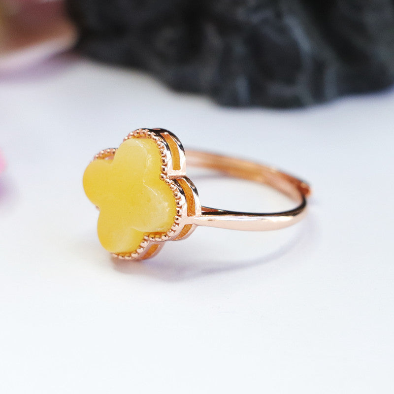 Russian Amber and Sterling Silver Adjustable Clover Ring