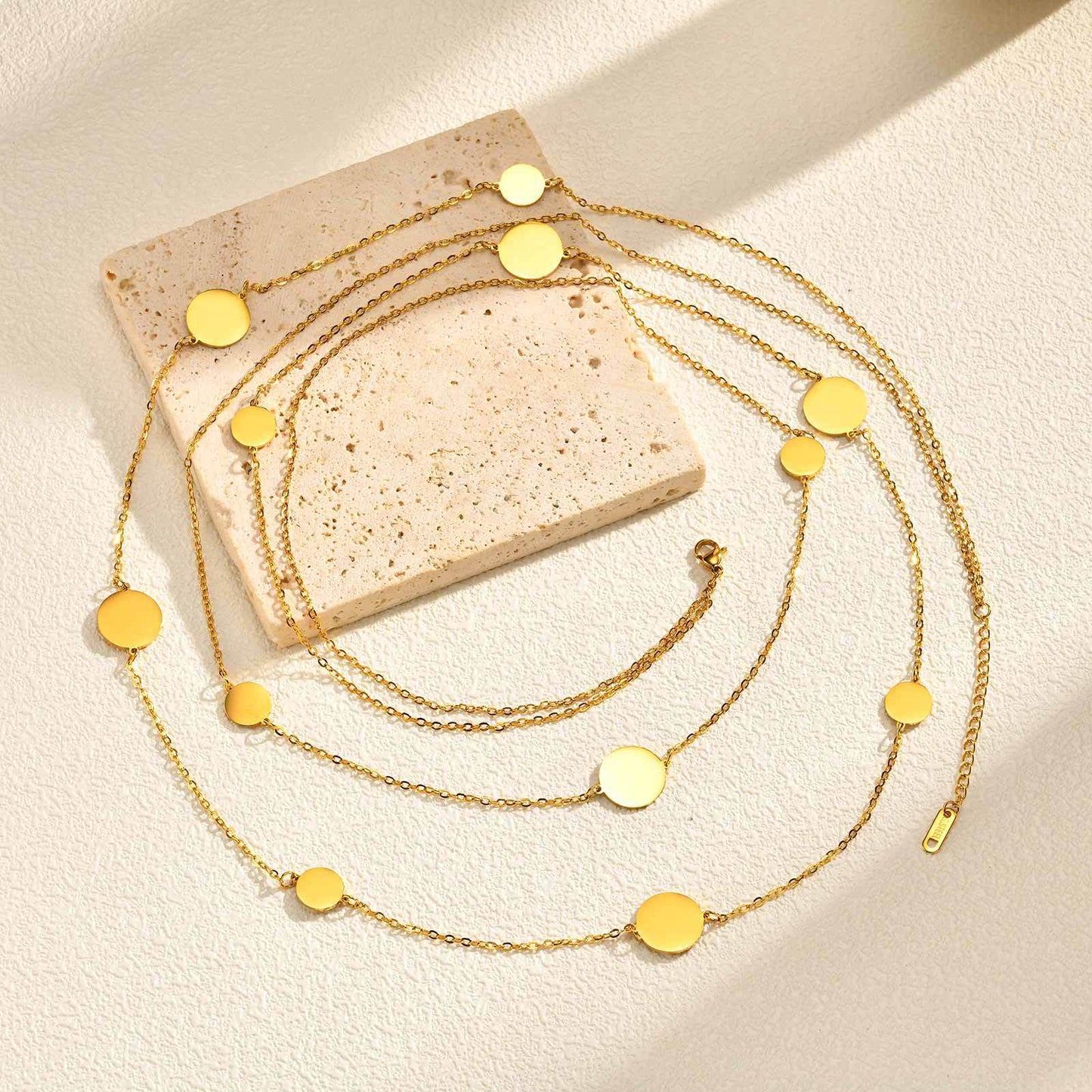 Stainless Steel Hollow Pleated Round Gold Beads Y-Shaped Necklace Size Disc Double Layer