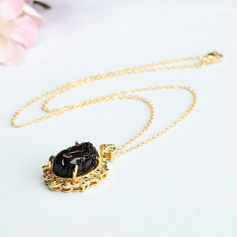 Golden Zircon Pixiu Pendant with Amber Necklace