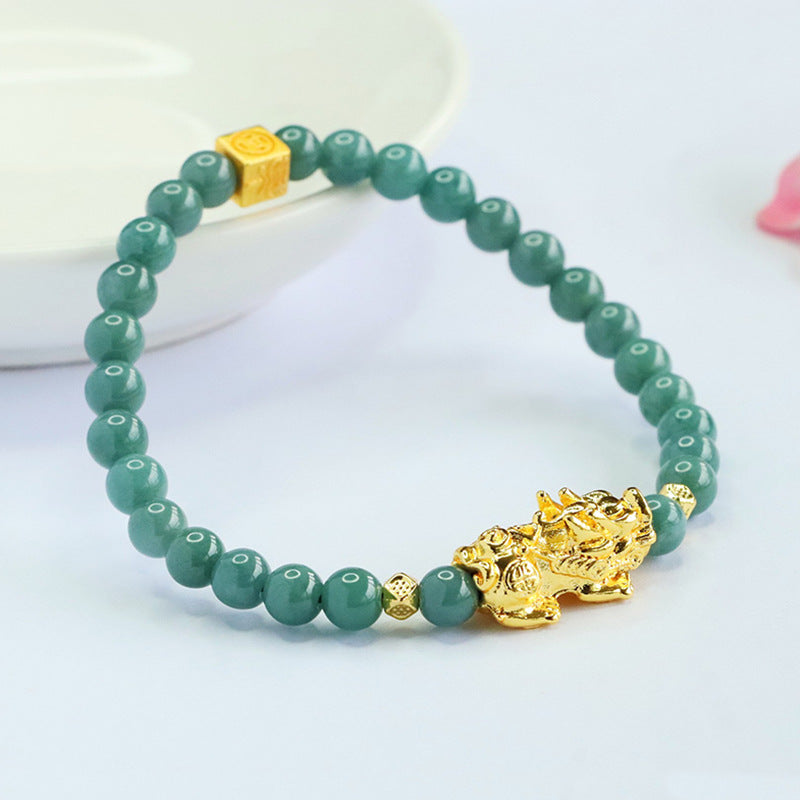 Blue Water Jadeite Pixiu & Round Bead 5.8 mm Bracelet