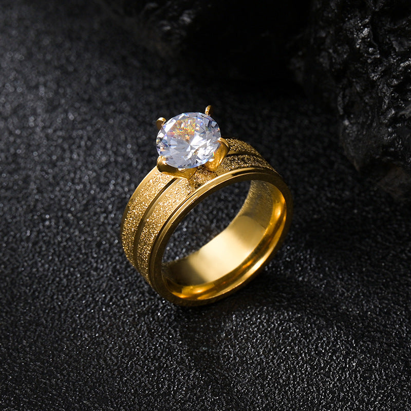 Gold Matte Titanium-Plated Zircon Ring with Wide Stainless Steel Band