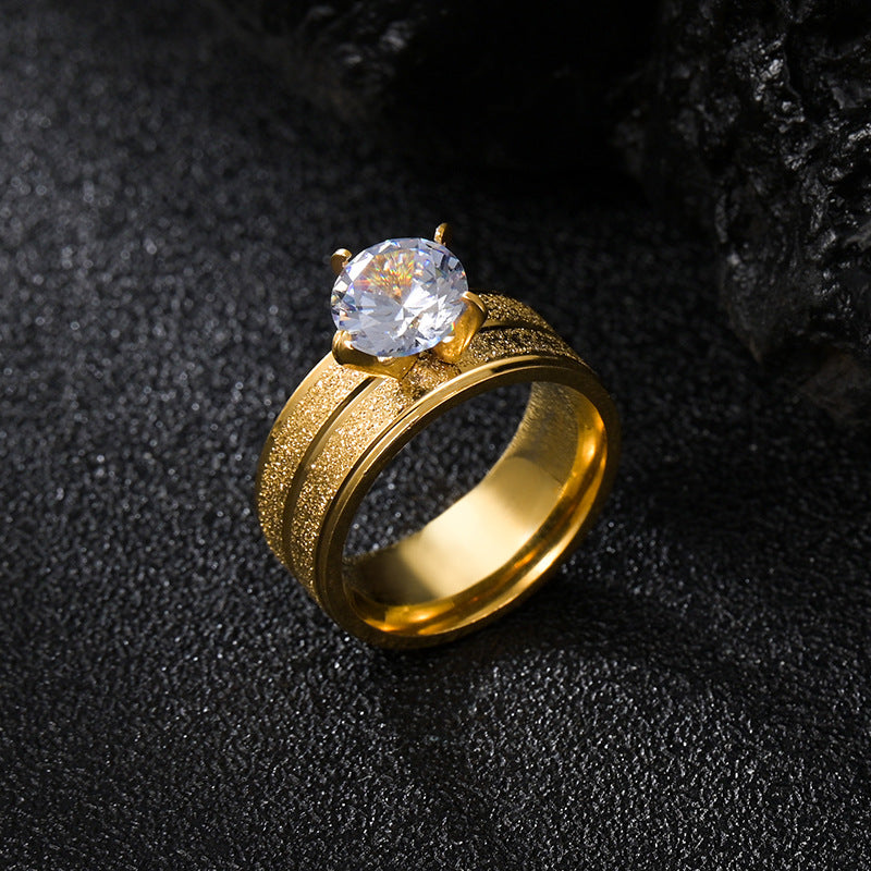 Gold Matte Titanium-Plated Zircon Ring with Wide Stainless Steel Band