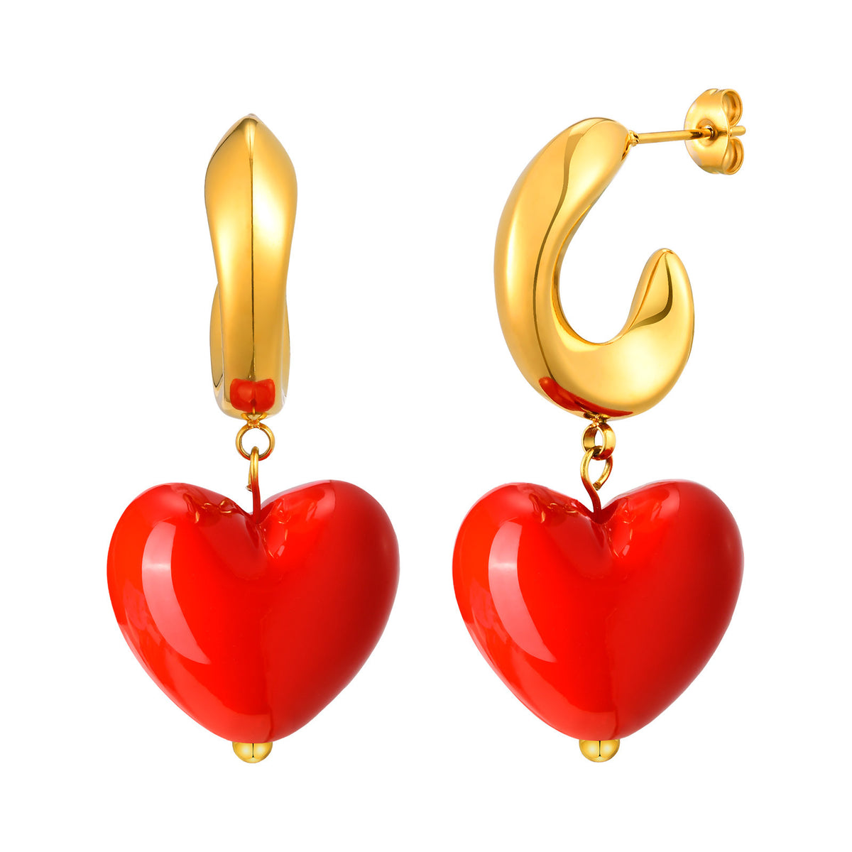 Red Heart Charm Gold-Tone Hoop Earrings