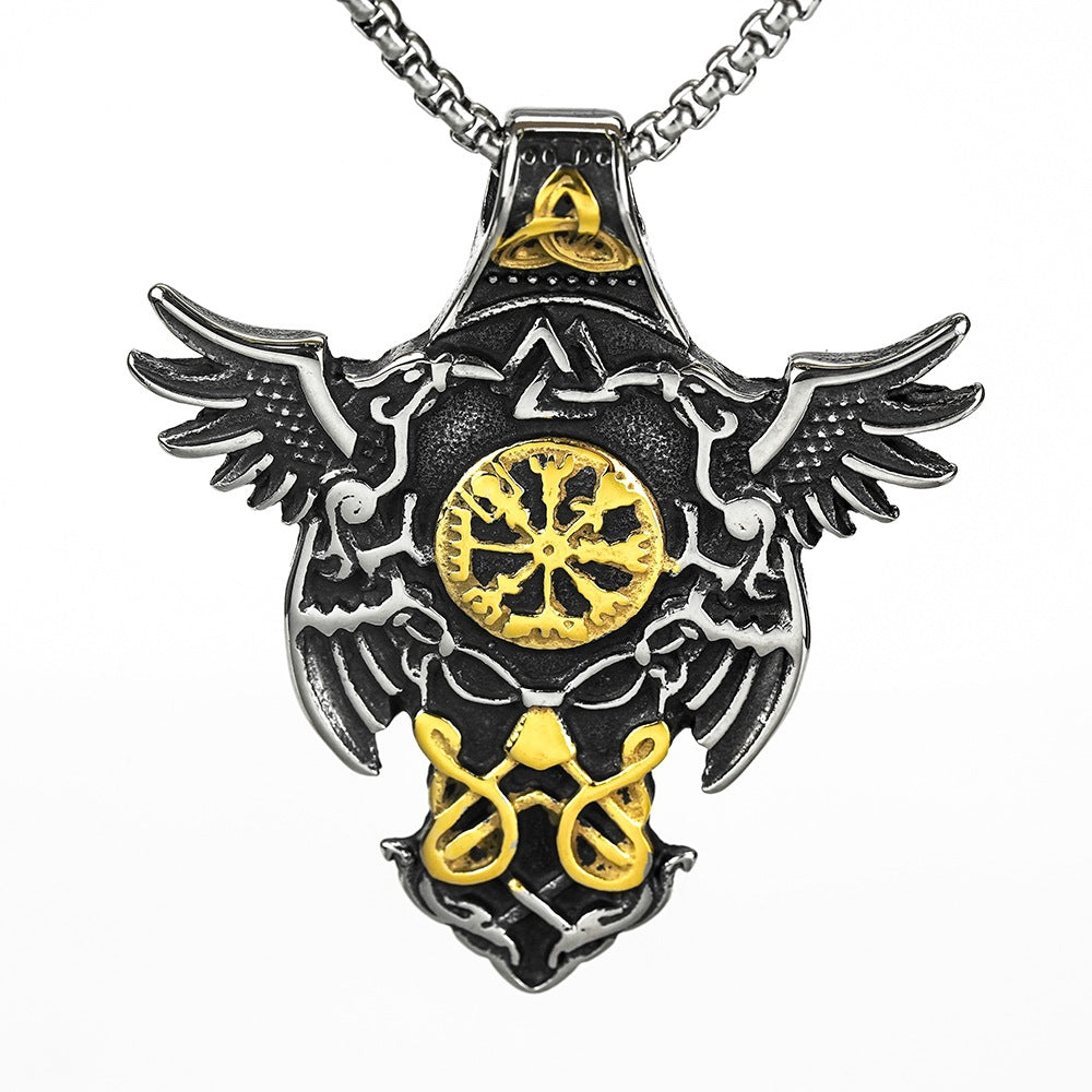 European And American Jewelry Titanium Steel Pendant Men's Stainless Steel Necklace Retro Viking Crow Compass Logo