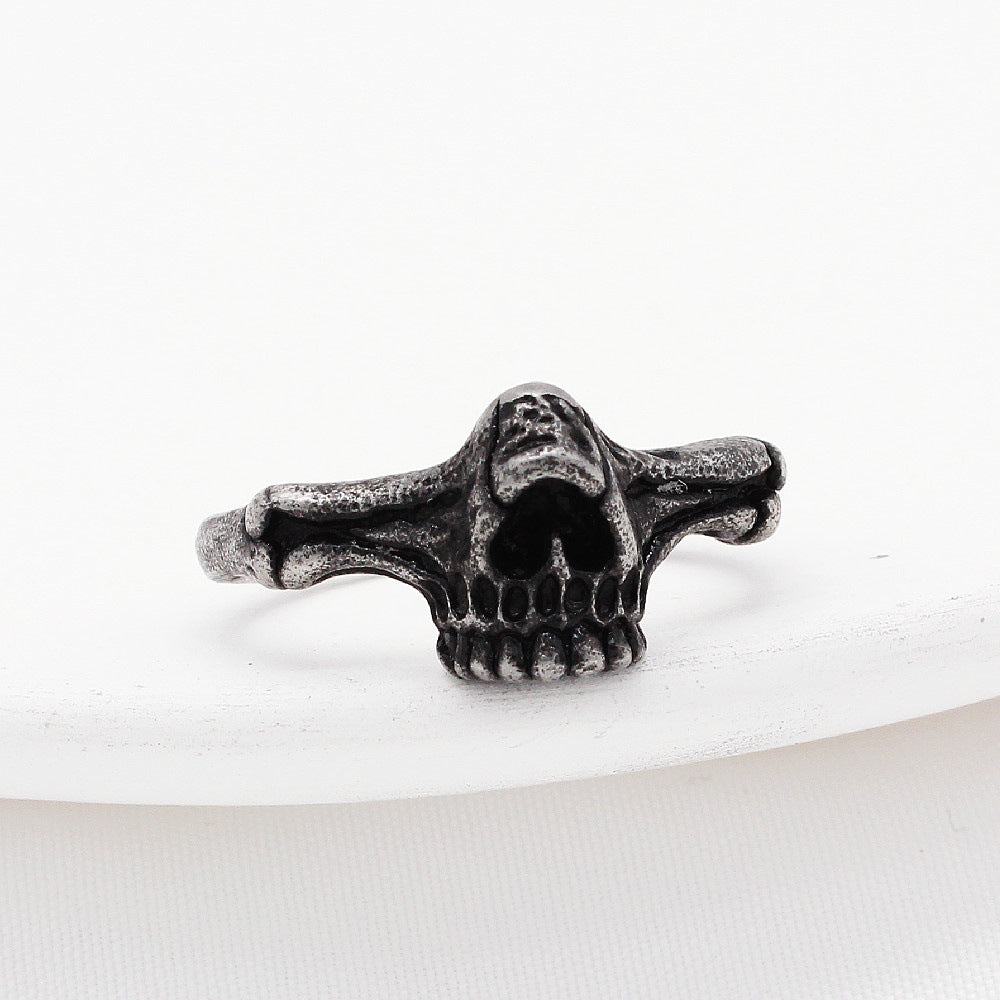 European and American Retro Gothic Style Titanium Steel Men's Ring with Dark Cross Skeleton Design