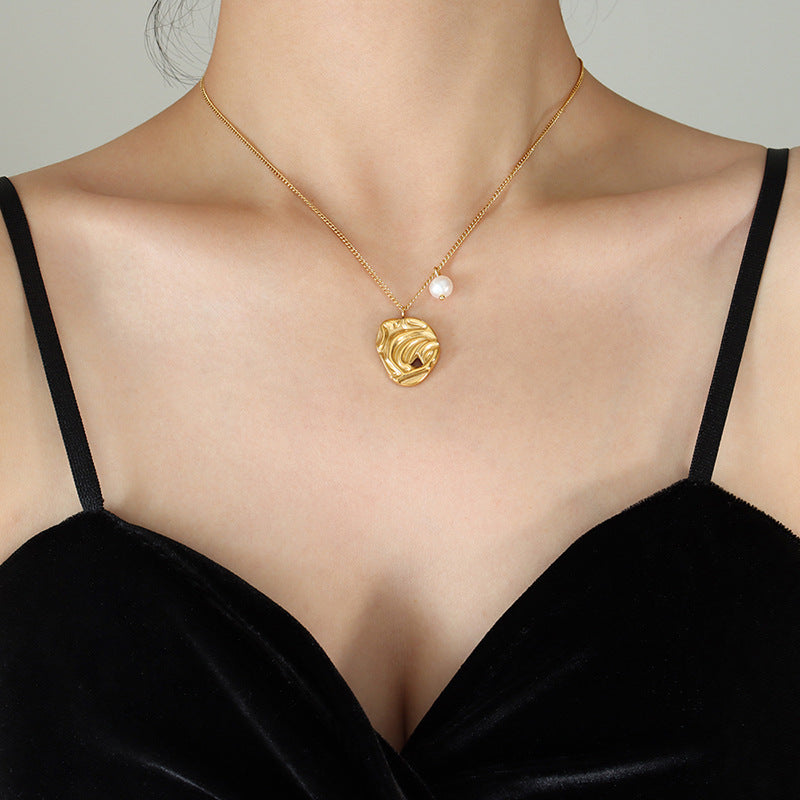 Gilded Titanium Steel Necklace with Irregular Freshwater Pearl Pendant