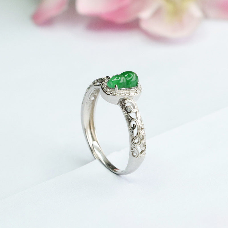 Hollow Sterling Silver Ring with Natural Ice Green Jade Gourd
