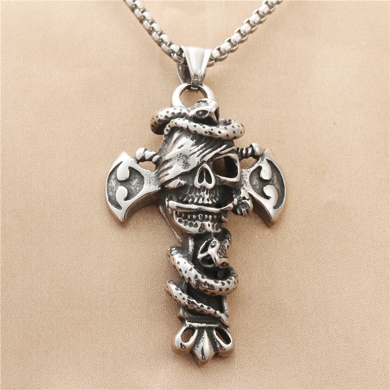Punk-Inspired Titanium Steel Skull Snake Pendant Necklace for Men