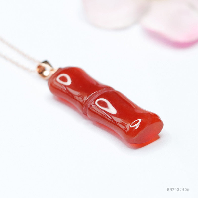 Red Agate Bamboo Silver Pendant — No Chain