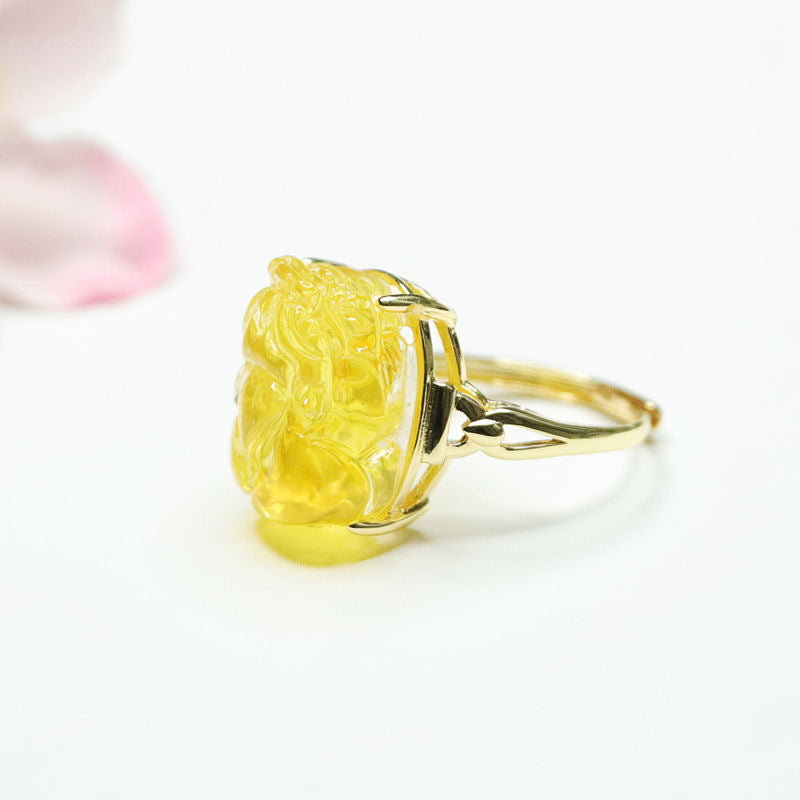 Golden Amber Pixiu Sterling Silver Ring with Beeswax Detail