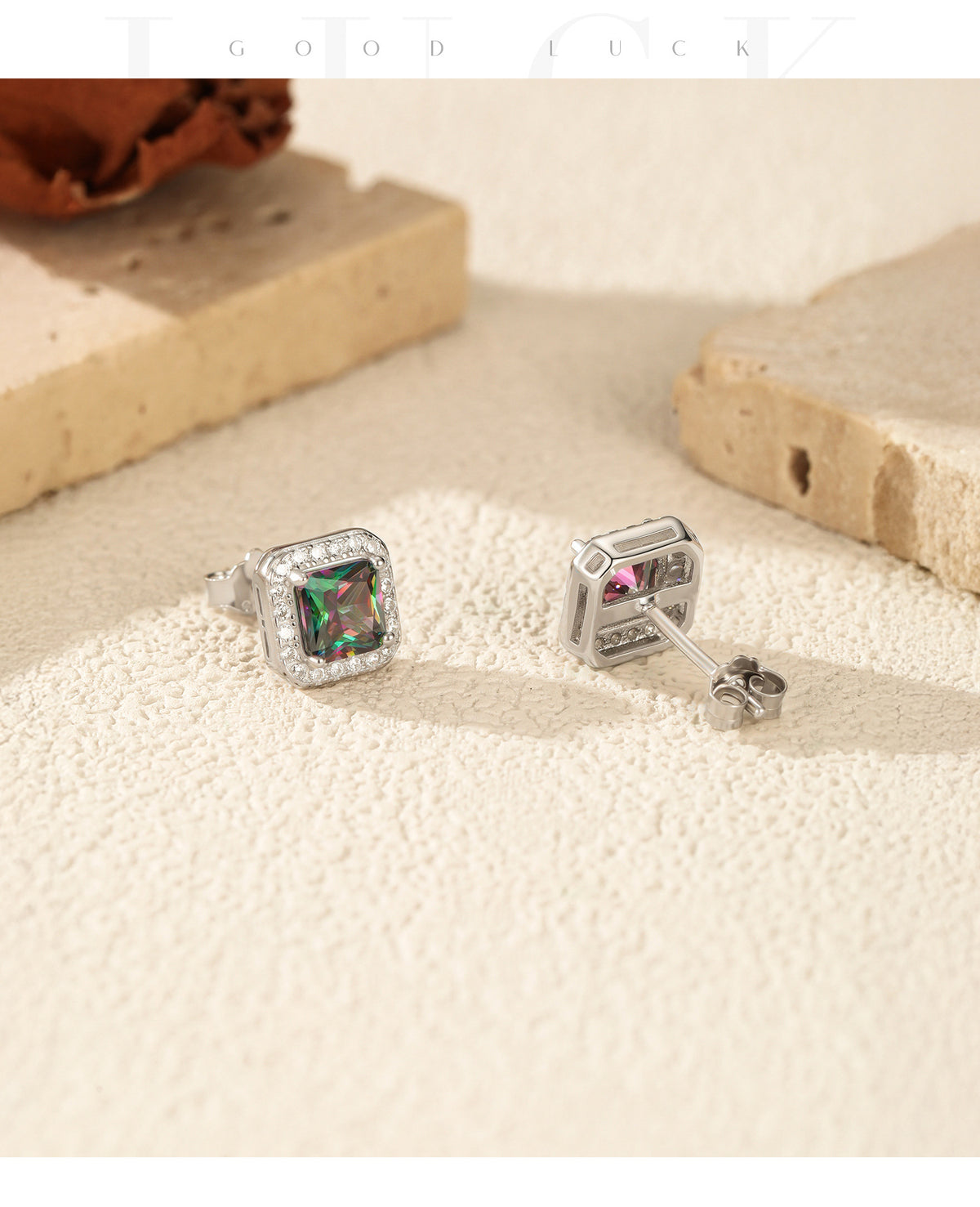 925 Sterling Silver Multicolor Square Stud Earrings