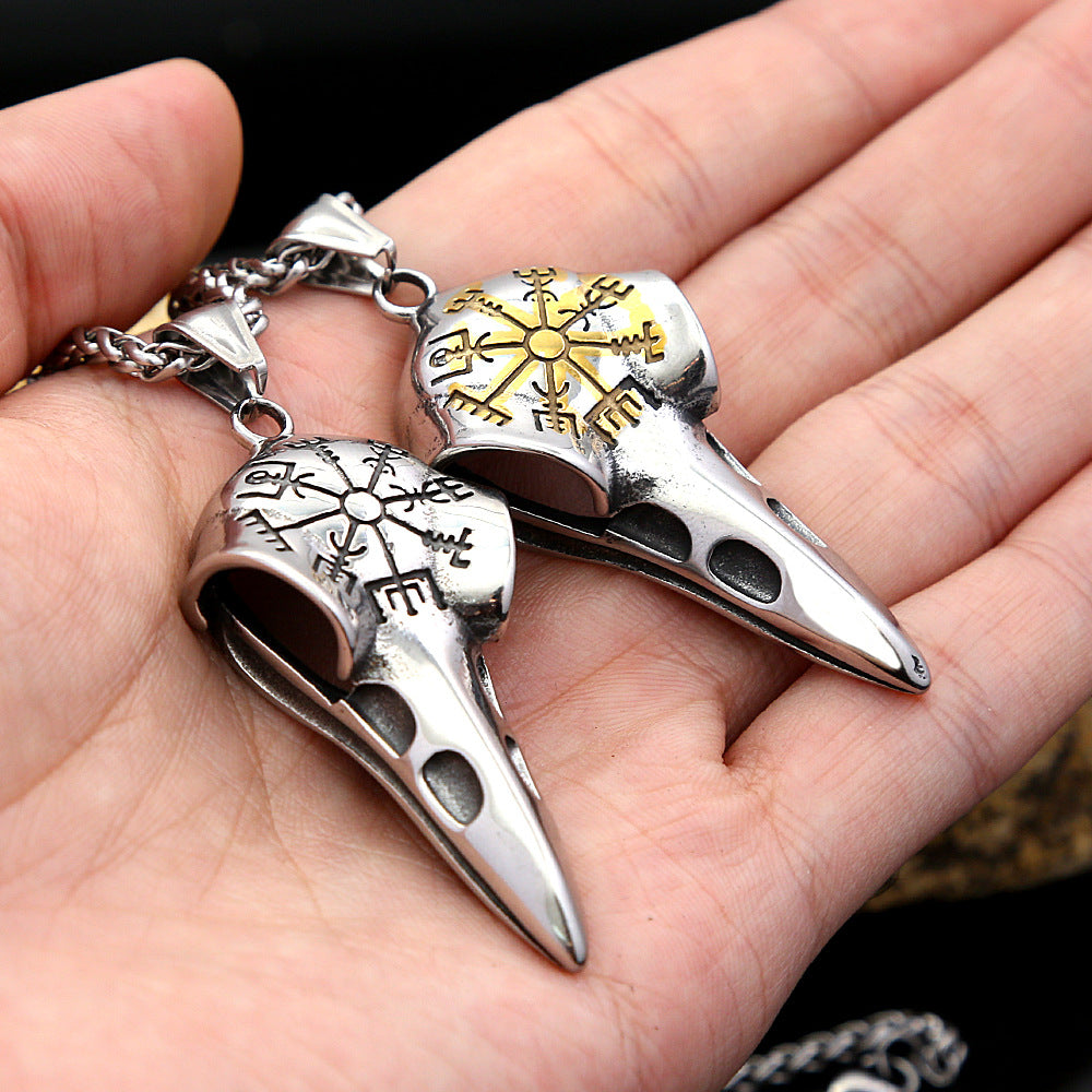 Raven Stainless Steel Viking Compass Pendant Necklace for Men