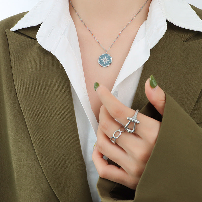 Golden French Compass Star Pendant Necklace - Retro Titanium Steel Chain