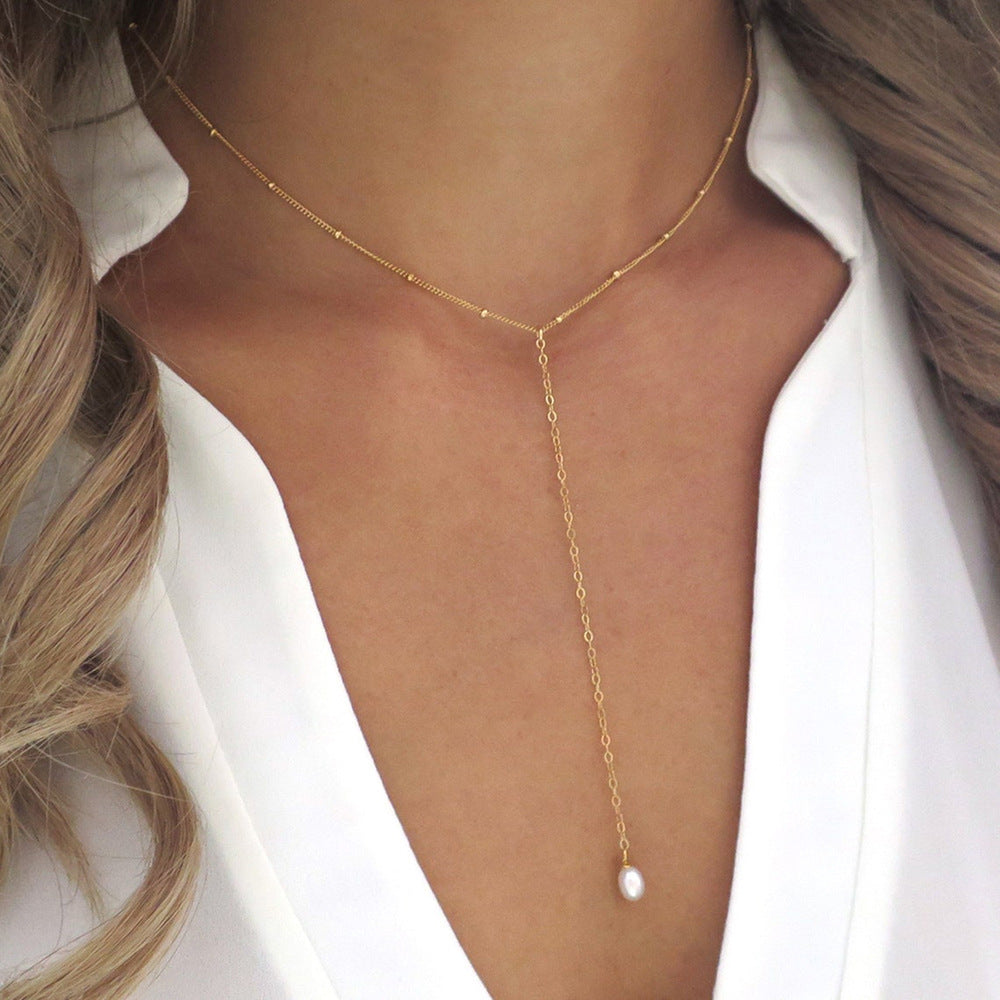S925 Sterling Silver Y-Shaped Natural Cultured Pearl Collarbone Necklace Long Fringed Chain Sweater