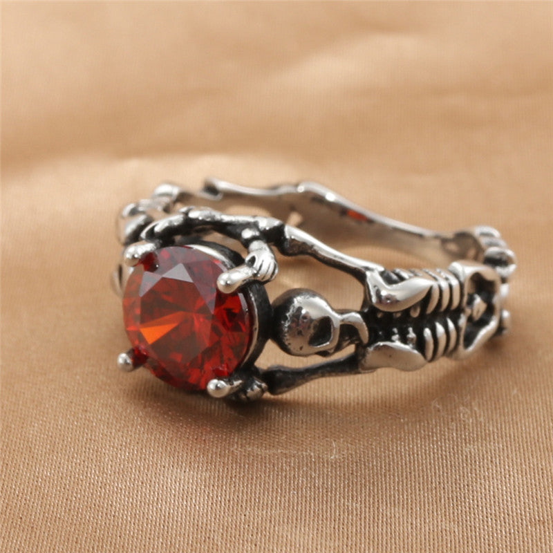 Titanium Steel Skull Ring for Men with Hollow Red Stone - Retro Trendy Accessory