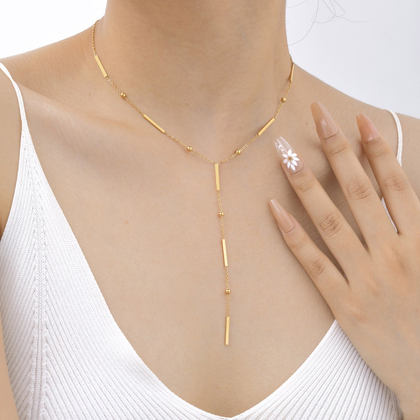 Stainless Steel Square Strip Bead Spacer Y-Shaped Fringed Necklace Gold
