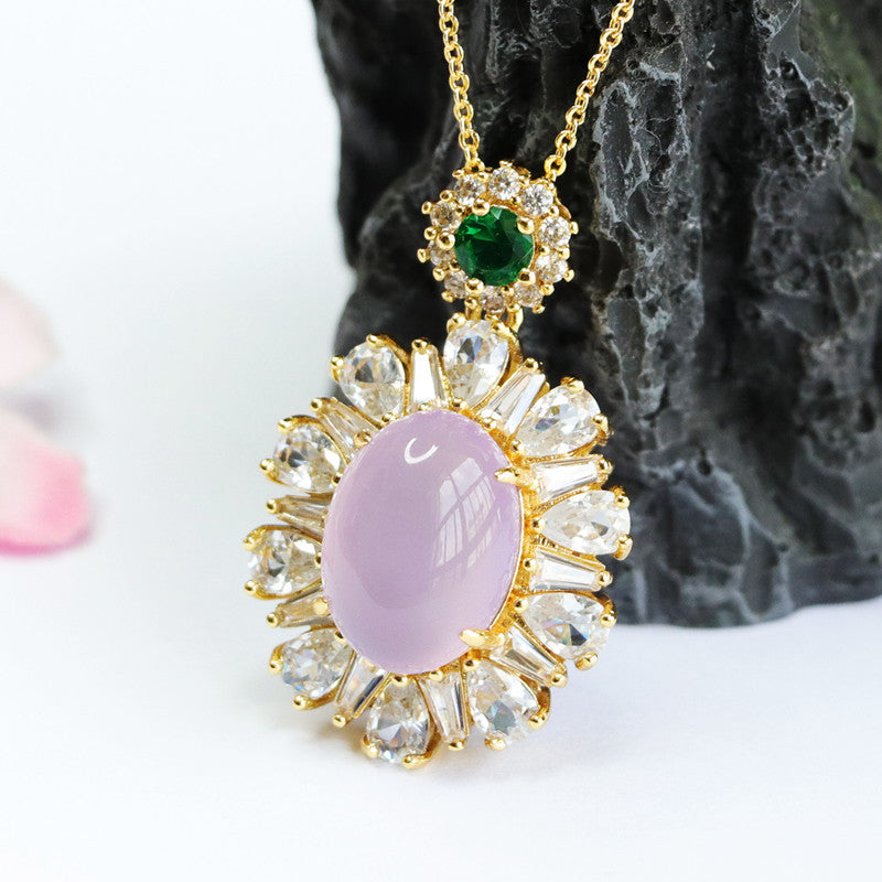 Purple Chalcedony Sterling Silver Necklace with Zircon Flower Embellishment