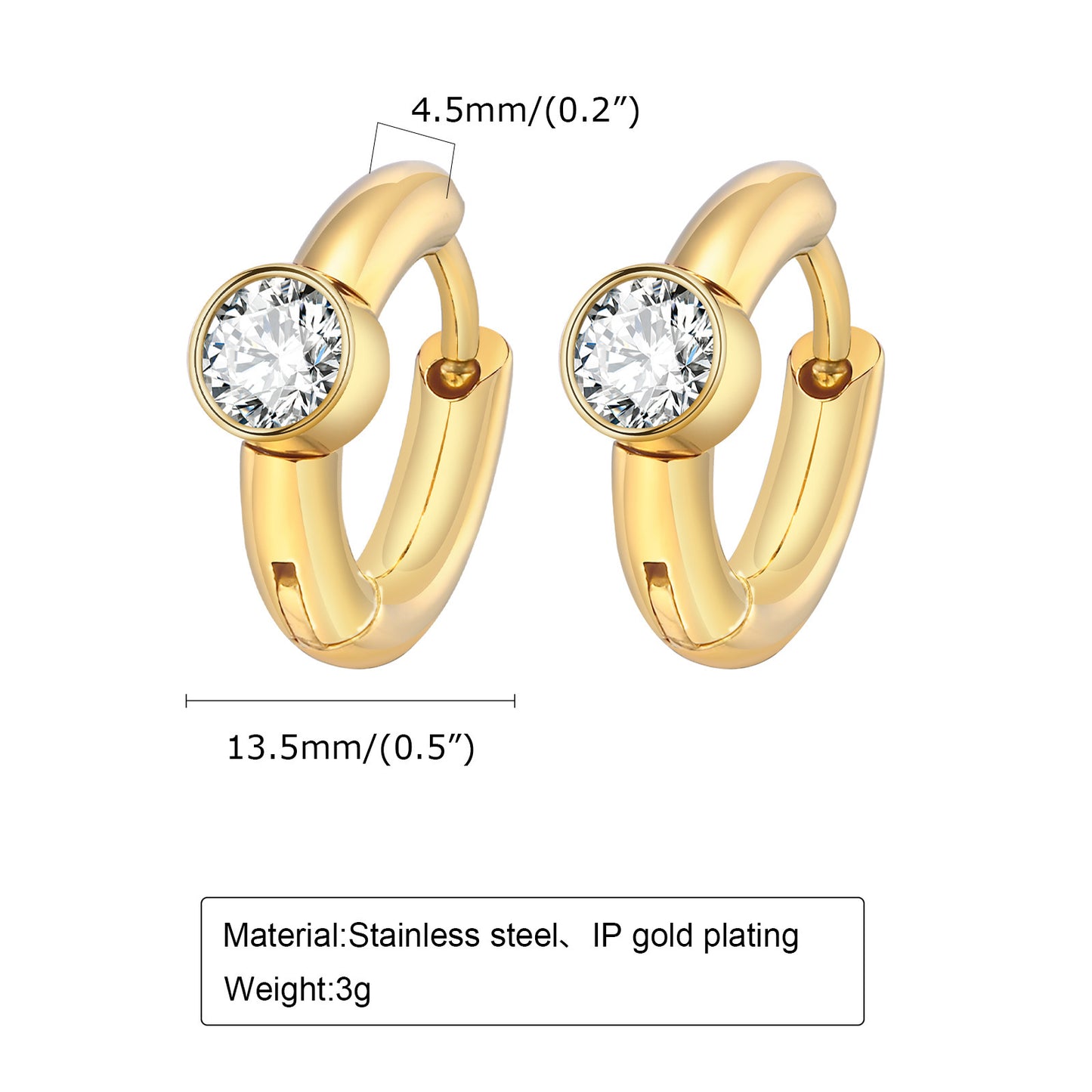 Stainless Steel Electroplated 18K Gold Zircon C-Shaped Earrings