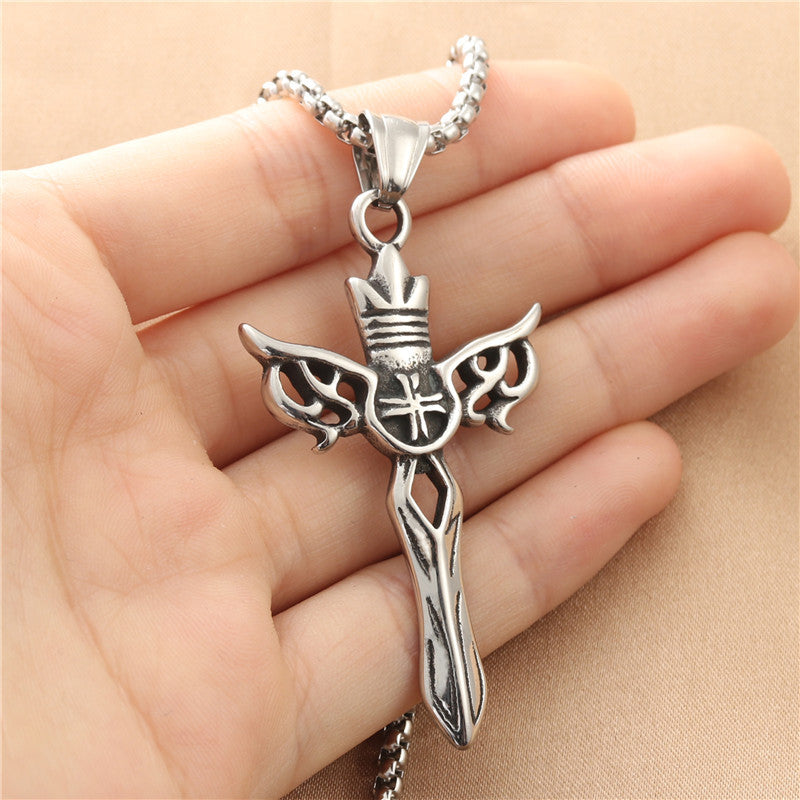 Personalized Titanium Steel Cross Wing Pendant Necklace for Men - Retro Punk Style Sword Design