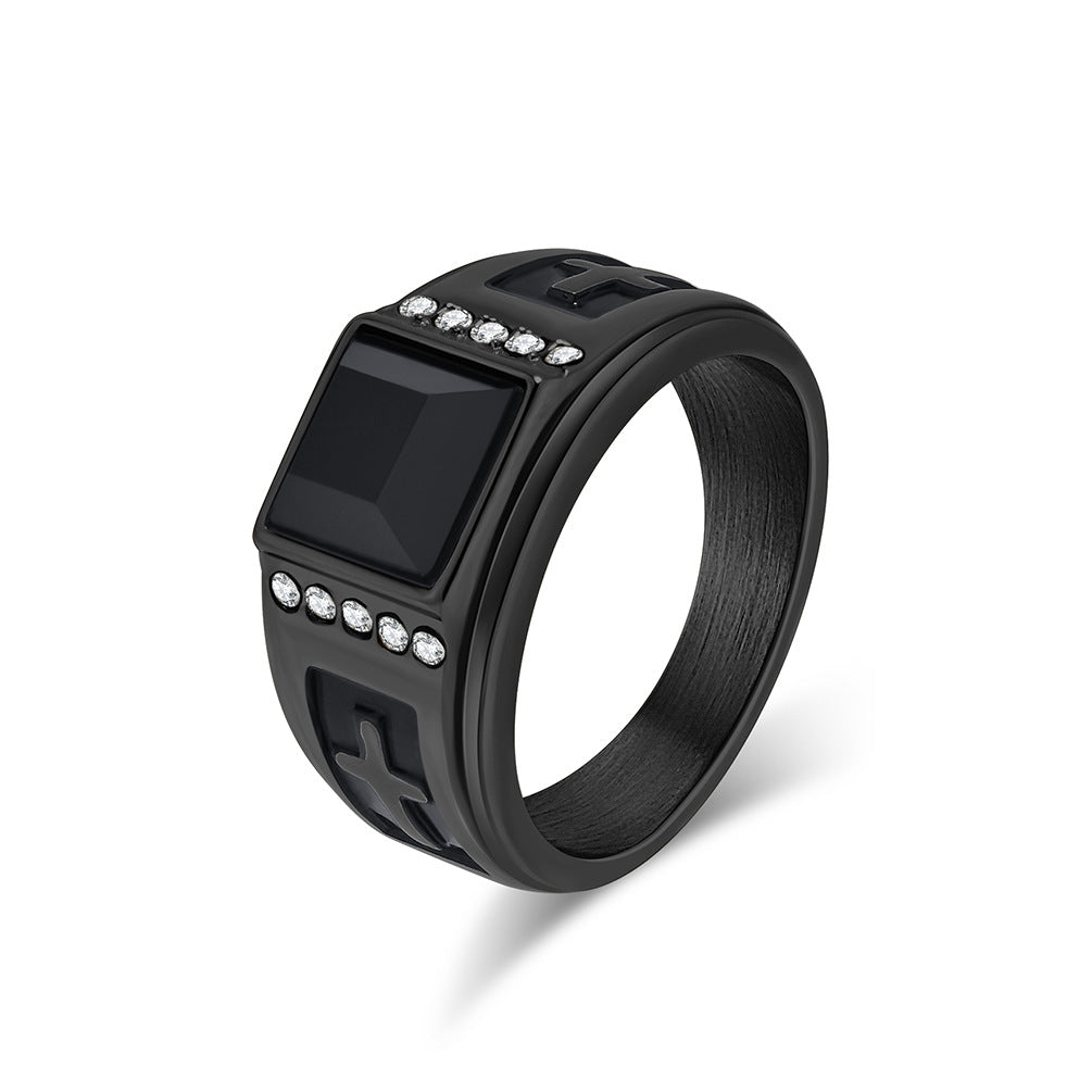 Zircon-Encrusted Cross Titanium Steel Ring for Men