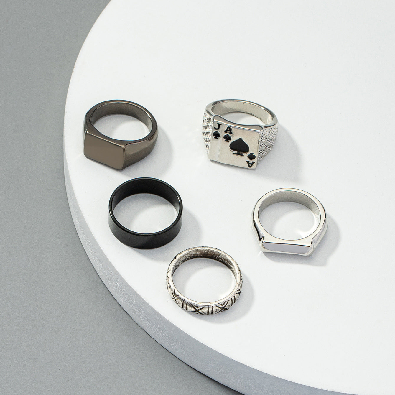 5-Piece Men's Metal Ring Set with Poker Stripe and Cross-Border Design
