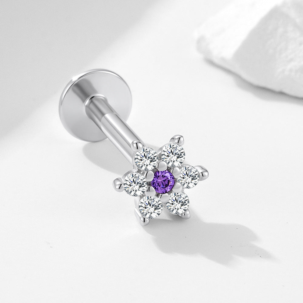 S925 Sterling Silver Star Flower Inlaid Zircon Cartilage Spiral Puncture Stud Earrings Stacked