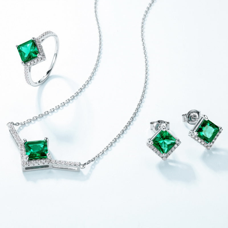 S925 Sterling Silver Lab-Grown Emerald Geometric Necklace