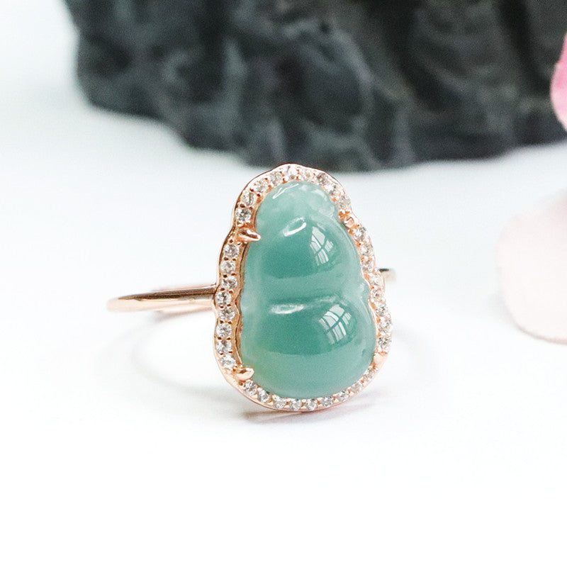 Jadeite Gourd Sterling Silver Ring with Ice Blue Green Natural Jade