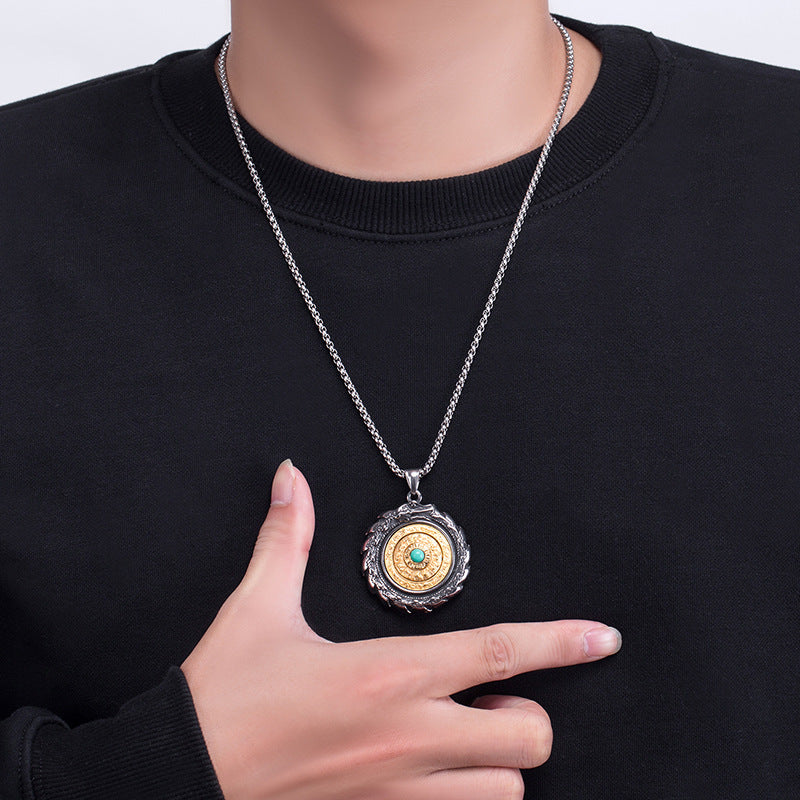 Steel Necklace – Statement Tibetan Bagua Zodiac Pendant For Men Double-Sided Rotatable