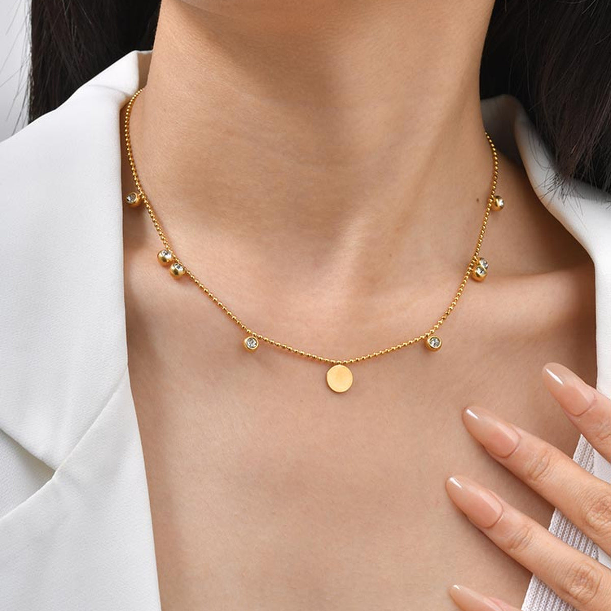 Stainless Steel Zircon Disc Bead Chain – Women's Neck Chain Necklace