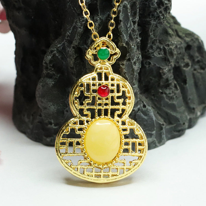 Vintage Hollow Gourd Pendant Necklace with Natural Beeswax Amber - Sterling Silver Jewelry